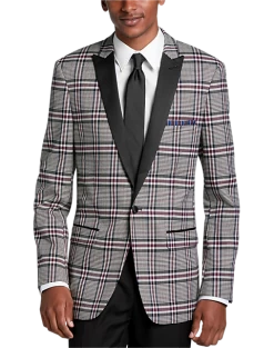 Paisley & Gray Slim Fit Dinner Jacket, Gray And Berry Plaid