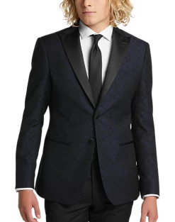 Egara Slim Fit Satin Peak Lapel Dinner Jacket, Dark Blue Patterned
