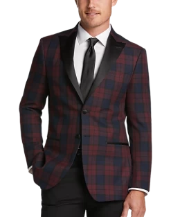 After Hours Slim Fit Satin Peak Lapel Dinner Jacket, Red Tartan Plaid