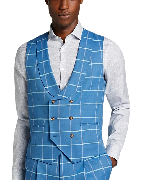 Tayion Classic Fit Suit Separates Double Breasted Vest, Blue & Cream Windowpane Plaid