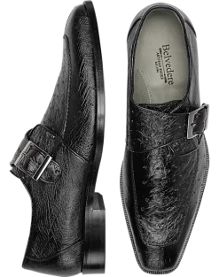 Belvedere Josh Ostrich Moc Toe Monk Strap Shoes, Black