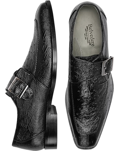 Belvedere Josh Ostrich Moc Toe Monk Strap Shoes, Black