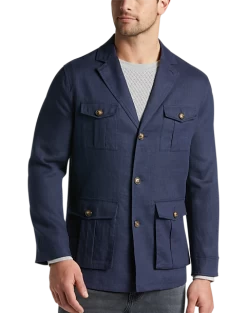 Joseph Abboud Modern Fit Linen Notch Collar 4-Pocket Soft Jacket, Navy