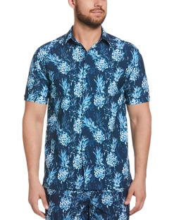 Cubavera Modern Fit 4-Way Stretch Sport Shirt, Blue Pineapple Print