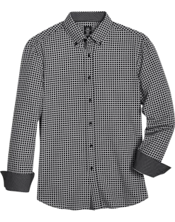 Michael Strahan Modern Fit Four-Way Stretch Sport Shirt, Black Grid