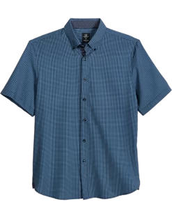 Michael Strahan Modern Fit Short Sleeve Sport Shirt, Navy Check 3-D Check