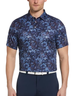 PGA Tour Classic Fit Printed Polo, Navy Fireworks