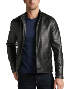 Michael Strahan Modern Fit Bomber Jacket, Black Faux Lambskin