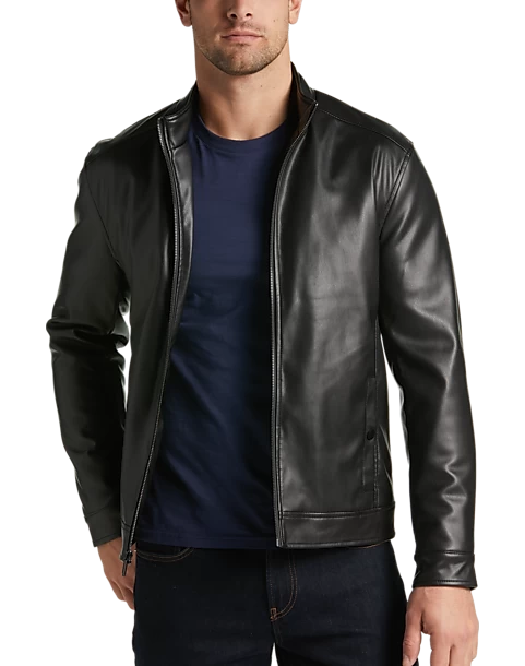 Michael Strahan Modern Fit Bomber Jacket, Black Faux Lambskin