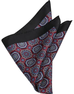 Joseph Abboud Silk Pocket Square, Black & Burgundy Medallion